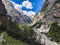 Val Travenanzes in the dolomites. Cortina d ampezzo. dry river bed in summer. Hiking in a beautiful mountain landscape