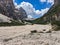 Val Travenanzes in the dolomites. Cortina d ampezzo. dry river bed in summer. Hiking in a beautiful mountain landscape