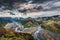 Valahnukur viewpoint hiking trail with mountain valley and krossa river in icelandic highlands at Thorsmork, Iceland