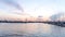 Valencia harbor, port twilight, reflection in water, panoramic skyline port
