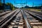 Valencia, Spain - April 16, 2021: Electrified multi-lane railroad near the Spanish city of Valencia