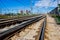 Valencia, Spain - April 16, 2021: Electrified multi-lane railroad near the Spanish city of Valencia