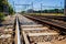 Valencia, Spain - April 16, 2021: Electrified multi-lane railroad near the Spanish city of Valencia