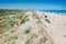 Valencia, Spain - April 21, 2021: Vacationers on a beach, next to the dunes of a protected natural area in El Saler