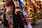 Valencia, Spain - February 16, 2019: Detail of the colorful traditional Bolivian party outfit during a carnival parade showing