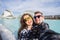 Valencia, Spain, January, 02, 2018, Happy couple makes selfie on the background of the Hemisferic building in City of