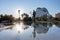 Valencia, Spain - January 21, 2023: Beautiful scenery of Turia public park with ethe scrupture at dawn in Valencia, Spain