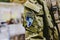 Valencia, Spain - January 4, 2019: Soldier costume with detail of the NATO ISAF badge during a military show