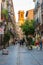 VALENCIA, SPAIN, JUNE 17, 2019:  Carrer dels Serrans street leading to Torre de Sant Bartomeu tower in Valencia, Spain