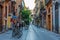 VALENCIA, SPAIN, JUNE 17, 2019:  Carrer dels Serrans street leading to Torre de Serranos gate in Valencia, Spain