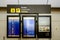 Valencia, Spain - March 8, 2019: Led information panel with flight schedules arrivals departures at a Spanish airport during the