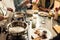 Valencia, Spain - November 9, 2018: Women during a vegan cooking course preparing ingredients for cooking.