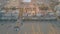 VALENCIA, SPAIN - SEPTEMBER 22, 2018. Aerial shot of promenade and beachfront hotels and restaurants in the evening