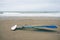 Valencia, Spain - September 30, 2018: Windsurf boards in the sand of a Spanish beach while surfers wait for the right wave