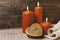 Valentine background. Red candles, a box in the form of a heart in rustic style . Selective focus. Copy space