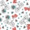 Valentine bicycles with hearts balloons and flowers bouquets. Seamless pattern. Freehand ink drawing. Can be used on packaging pap