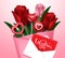 Valentine bouquet vector background design. Happy valentine`s day text in greeting card with tulip flowers and hearts element.