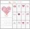 Valentine calendar for 2016 with love heart and greeting