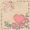 Valentine card. Cupid and heart with roses