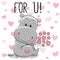 Valentine card Cute Cartoon Hippo with flowers