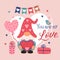 Valentine  card with cute gnome, love elements