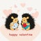 Valentine card with hedgehogs lovers and hearts - vector