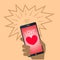 Valentine card with a mobile phone with love messages.