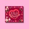 Valentine card with pink watercolor flowers and multicolored hearts, on a pale burgundy background