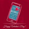 Valentine card with smartphone on red wooden background