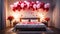 Valentine Celebration Day interior of the bedroom with a bed at night seen with balloons and flower leaves. Ai