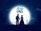 Valentine celebration poster or greeting card design with illustration of loving couple on full moon night background.