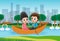 Valentine couple boating vector background concept. Valentines lovers character dating and riding a boat.