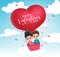 Valentine couple characters vector concept. Valentines lovers riding and dating in heart shape flying balloon.