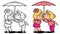 valentine cute sticker - a male child tries to protect his lover from the heat or rain