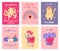 Valentine day animals cards. Cute romantic characters, hearts valentines, love holiday elements, funny koala, cat and