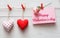 Valentine day background, pillow hearts border on wood, copy space