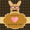 Valentine day card with funny cute mustached bunny character. Rabbit in heart shaped sunglasses