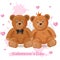 Valentine day card with teddy bears couple Vector watercolor illustrations