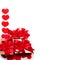 Valentine day composition : many gift boxes with red bows on a white background with hearts. Top View