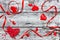 Valentine day concept background red white heart confetti and ribbon on wooden background