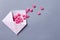 Valentine day concept, message for lover, opened envelope and many felt hearts. Space for text.