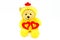 Valentine day concept. Teddy bear doll in yellow chicken dress holding two red hearts isolate on white background.