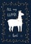 Valentine Day or Friends Day Card with llama and Festive Lights Hearts Garland