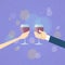 Valentine Day Greeting Toast Two Hands Hold Glasses Wine
