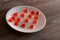 Valentine day holiday gummy jelly heart small little crockery concept. Top above overhead view photo of tasty yummy plate of jelly
