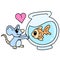 Valentine day a mouse fell in love with a fish in an aquarium, doodle icon image kawaii