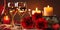 Valentine Day omantic evening glasses of wine , Roses flowers,petal and candles blurred light on table street cafeevening