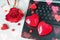 Valentine Day online Shopping. Online communication, virtual love. Laptop, red hearts, red rose. Romantic shopping