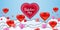 Valentine day papercut craft design horizontal banner, red pink balloon hearts and clouds. Template background for