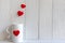 Valentine Day with red cup coffee Sewed pillow hearts row border, wood white background